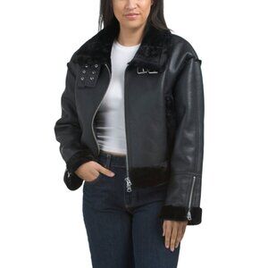 HUDSON Black Faux Leather Cropped Aviator Jacket With Faux Fur Trim